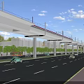 Road Infrastructure Featuring Elevated Viaduct Vehicles Street Lamps Sidewalk And Green Trees