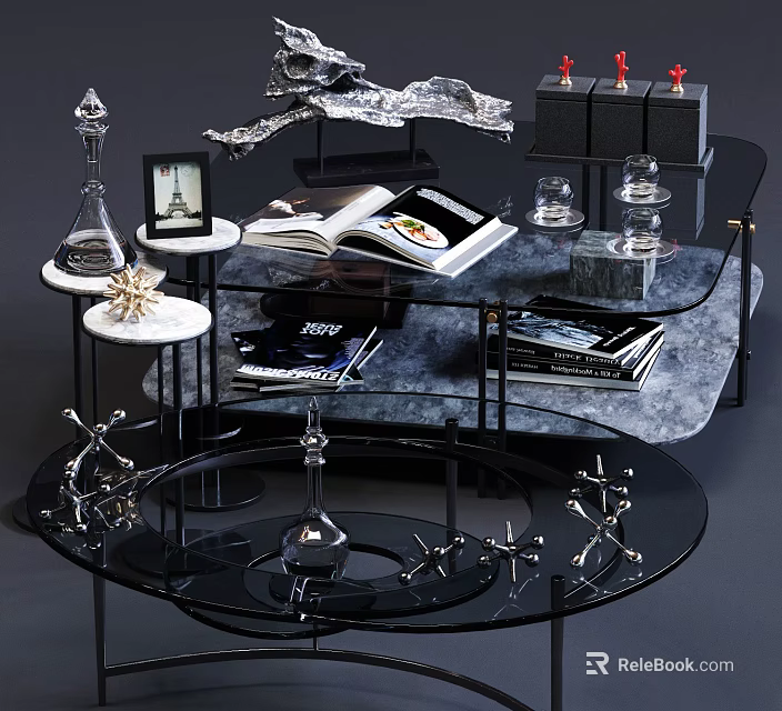 Modern Coffee Table With Glass Top Black Metal Frame Decorative Items And Books 3d model 