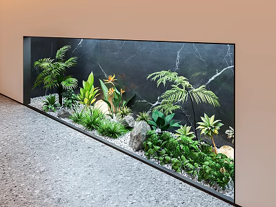 Indoor Landscape With Various Ferns Green Plants Dark Marble Background And Gray Stone Floor 3d model