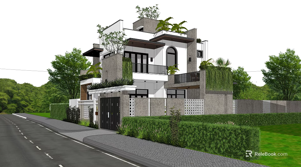 Modern Detached Villa Exterior Design With Lush Greenery And Courtyard Elements 3d model 
