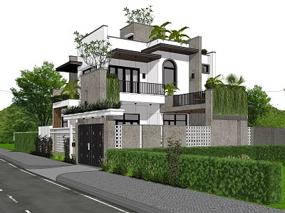 Modern Detached Villa Exterior Design With Lush Greenery And Courtyard Elements 3d model