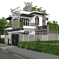 Modern Detached Villa Exterior Design With Lush Greenery And Courtyard Elements 3d model