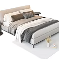 Modern Double Bed Interior With Gray Beige Linens Multiple Pillows And Black Nightstands 3d model