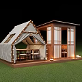 Wooden Cabin with Tent Style Roof Open Design Tables Chairs Light Decorations on Green Lawn