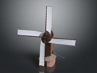 Handmade Paper Windmill Model With White Blades Brown Body And Stable Stand 3d model