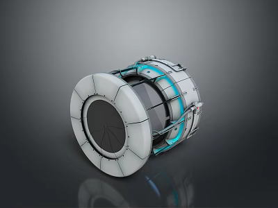 White And Blue Circular Capsule With Metallic Texture And Reflective Surface On Gray Background 3d model