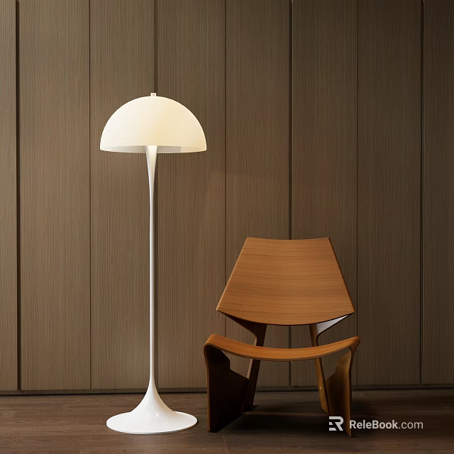 Modern White Floor Lamp Design With Wooden Chair And Wall Interior 3d model 