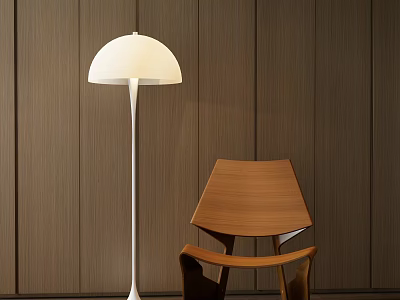 Modern White Floor Lamp Design With Wooden Chair And Wall Interior 3d model