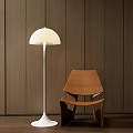 Modern White Floor Lamp Design With Wooden Chair And Wall Interior