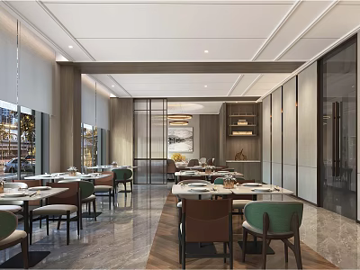 Modern Restaurant Interior With Dining Tables Chairs Large Windows And Elegant Lighting Decor 3d model