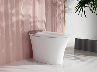 Modern White Toilet Design In Bathroom With Pink Curtain And Green Plant Decor 3d model