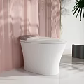 Modern White Toilet Design In Bathroom With Pink Curtain And Green Plant Decor