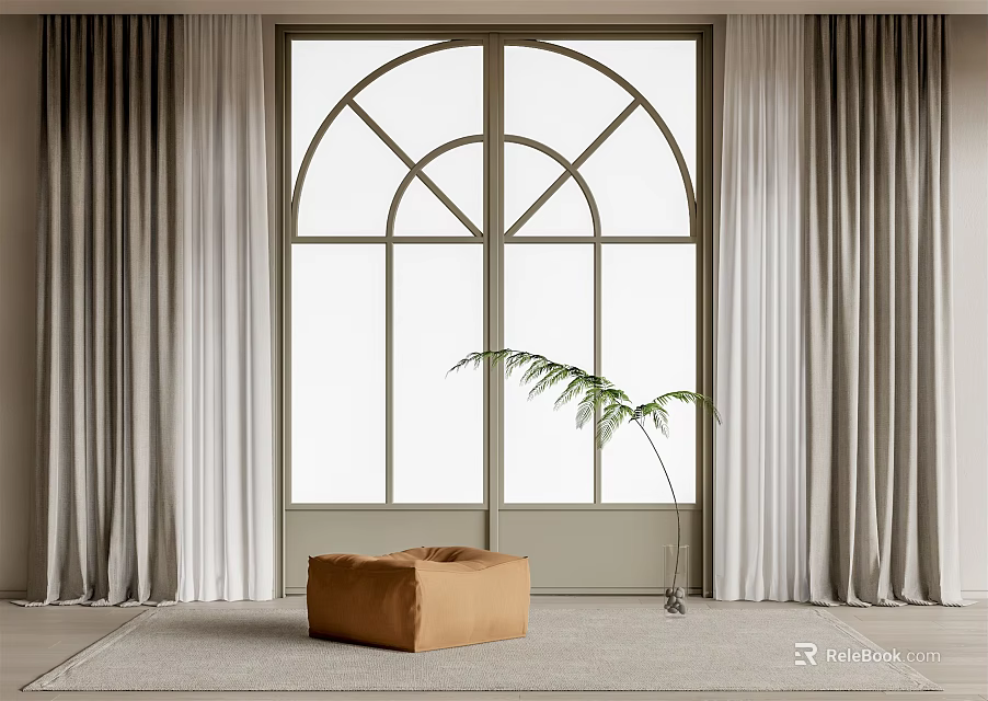 Gray Curtains With Arched Window In Cozy Indoor Room Featuring Brown Stool And Green Plant 3d model 