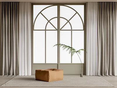 Gray Curtains With Arched Window In Cozy Indoor Room Featuring Brown Stool And Green Plant 3d model