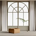 Gray Curtains With Arched Window In Cozy Indoor Room Featuring Brown Stool And Green Plant