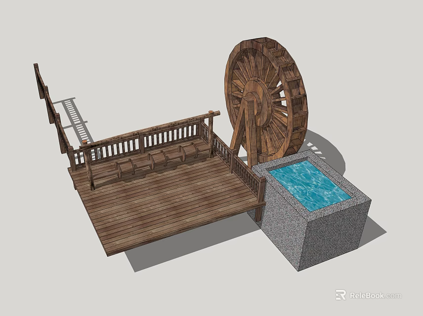 Rustic Wooden Waterwheel with Platform Bench and Water Pool Design 3d model 