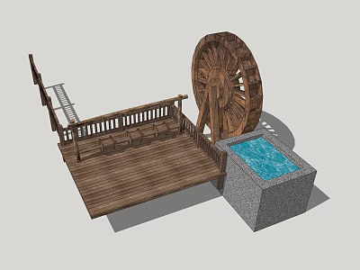 Rustic Wooden Waterwheel with Platform Bench and Water Pool Design 3d model