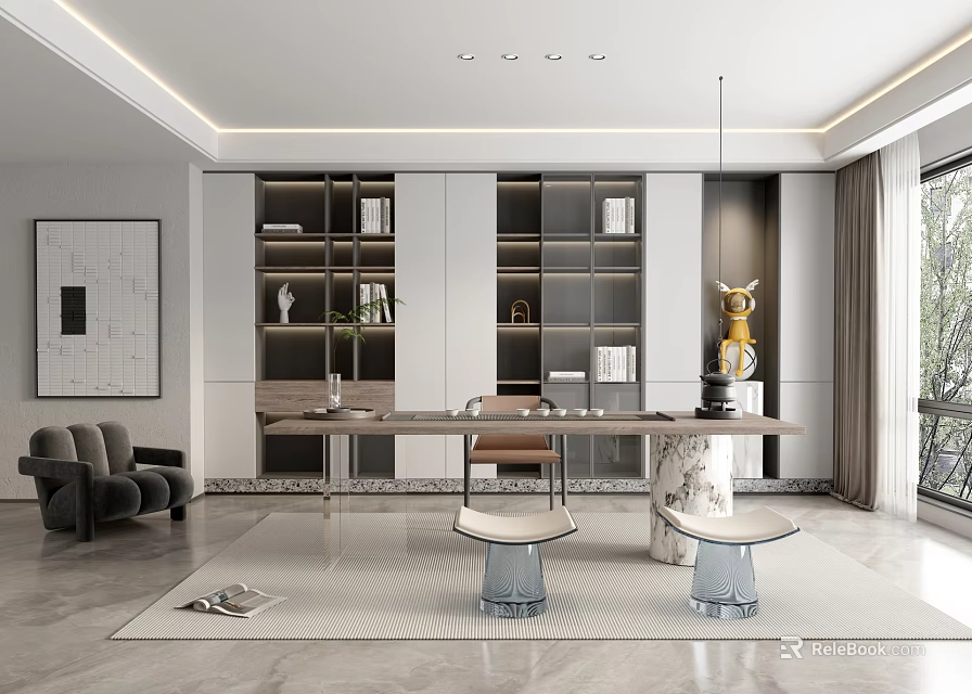 Modern Tea Room Interior With Wooden Shelves Long Table Comfortable Chairs Decorative Painting And Large Window 3d model 