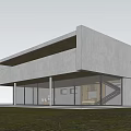 Modern Detached Villa With Concrete Exterior Large Glass Windows And Green Lawn