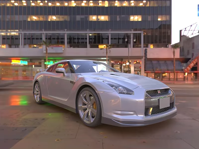 Silver Sports Car Parked on Urban Street with City Buildings and Illuminated Lights at Dusk 3d model