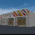 Modern Building Materials Center Exterior With Colorful Geometric Decorations And Glass Windows