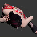 Woman Posing in Red Floral Qipao with Hand on Waist and Neck Against Gray Background