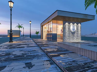 Coastal Evening Scene With Wooden Boardwalk Small Stone Wall Building Glass Door And Palm Trees 3d model