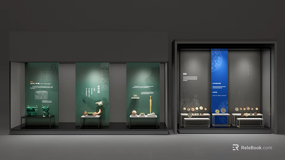 Museum Exhibition Showcases Featuring Ceramic Artifacts And Green Blue Panels 3d model