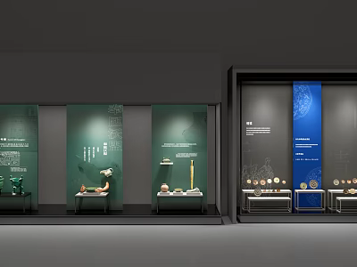 Museum Exhibition Showcases Featuring Ceramic Artifacts And Green Blue Panels 3d model