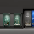 Museum Exhibition Showcases Featuring Ceramic Artifacts And Green Blue Panels 3d model