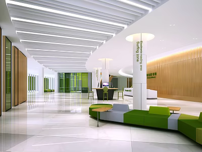 School Lobby With Modern Design Green Sofas White Pillars And Wooden Walls 3d model