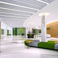 School Lobby With Modern Design Green Sofas White Pillars And Wooden Walls