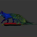 Blue Fox Sculpture With Peacock Feather Tail On Red Cushion