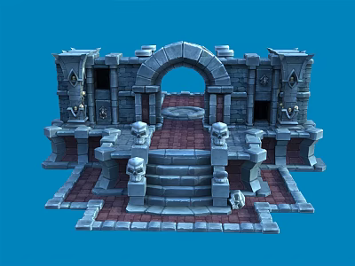 Cartoon Style Ancient Gateway Scene With Stone Archway Symmetrical Steps And Decorative Statues 3d model