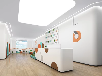 Hospital Outpatient Clinic Reception Area With Decorative Circular Wall And Wooden Flooring And Bright Lighting 3d model