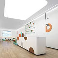Hospital Outpatient Clinic Reception Area With Decorative Circular Wall And Wooden Flooring And Bright Lighting