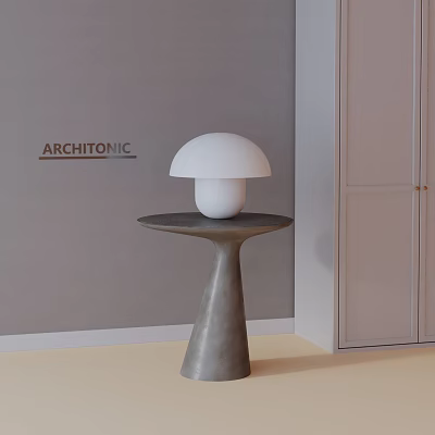Side Table With White Mushroom Lamp On Concrete Pedestal Against Gray Wall And White Cabinet 3d model