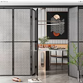 Modern Folding Doors with Perforated Metal Mesh Frame in Contemporary Dining Interior 3d model