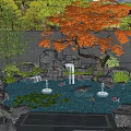 Tranquil Garden Water Fountain With Rockery Waterfall Koi Fish And Orange Maple Tree Surrounded By Greenery