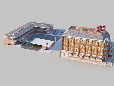 Cars Parked In Hotel Parking Lot Near Brick Building With Roof Structure 3d model