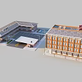 Cars Parked In Hotel Parking Lot Near Brick Building With Roof Structure