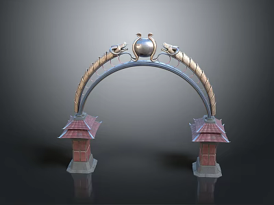 Scenic Chinese Arch With Spherical Top Ornament Dragon Sculptures And Red Roof Small Towers 3d model