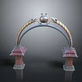 Scenic Chinese Arch With Spherical Top Ornament Dragon Sculptures And Red Roof Small Towers