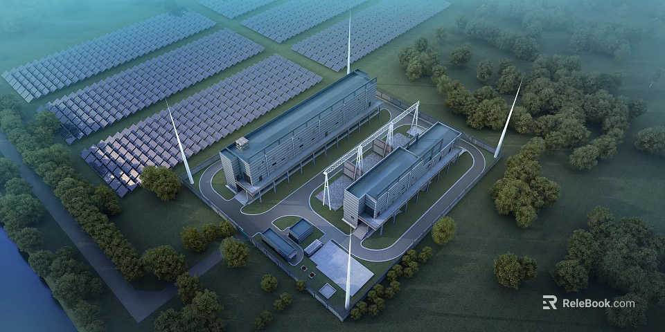 Modern Industrial Factory With Solar Panels Wind Turbines And Green Surroundings 3d model 