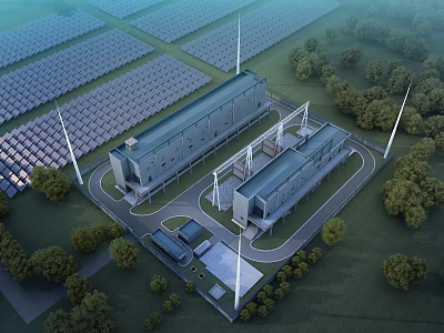Modern Industrial Factory With Solar Panels Wind Turbines And Green Surroundings 3d model