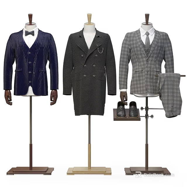 Three Different Style Suits Displayed on Mannequins with Shoes and Trousers Nearby 3d model 