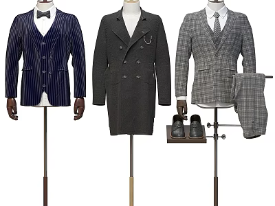 Three Different Style Suits Displayed on Mannequins with Shoes and Trousers Nearby 3d model