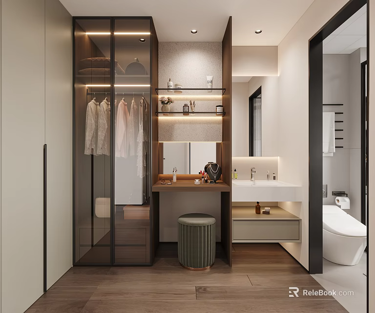 Modern Bathroom Interior With Walk in Closet Vanity Sink Mirror and Toilet 3d model 