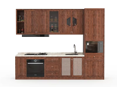 Brown Wooden Kitchen Cabinets With Glass Doors Hexagonal Design And Sink Stove Oven Microwave 3d model