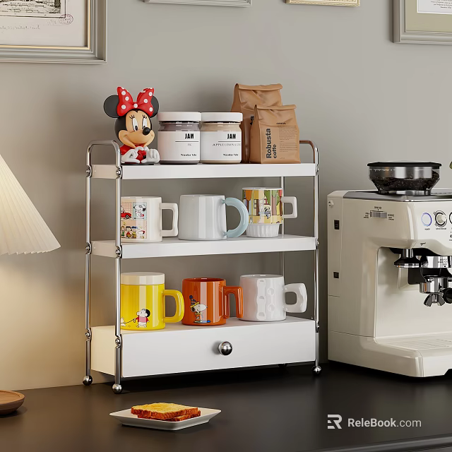 Stainless Steel Kitchen Shelf With Minnie Figure Jars Mugs And Coffee Machine 3d model 